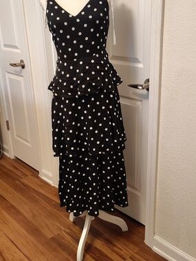 Francesca's Mi Ami Polka Dot Tiered Strapy Black White Midi Dress L NWT